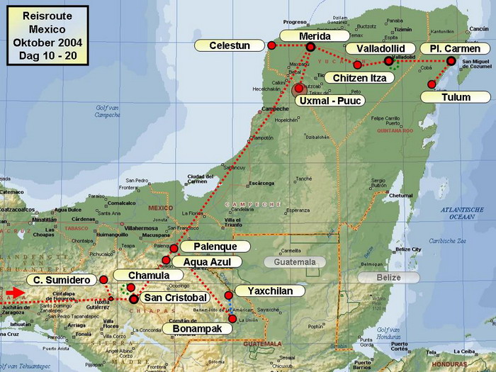 Travel route / Map In october 2004 I made a journey through Mexico. The journey was an interesting mix of colonial cities (Mexico City, Morelia, Puebla, Oaxaca ...), pyramides and temples of mesoamerican cultures like Zapotecs, Toltecs, Maya's and Aztecs (Teotihuacan, Monte Alban, Palenque, Uxmal, Chitzen Itza, ...) and beautiful nature with volcanoes, canyons, mangrove forests, jungle and waterfalls (Paricutin, Cañon del Sumidero, Aqua Azul, Celestun, ...) Stefan Cruysberghs